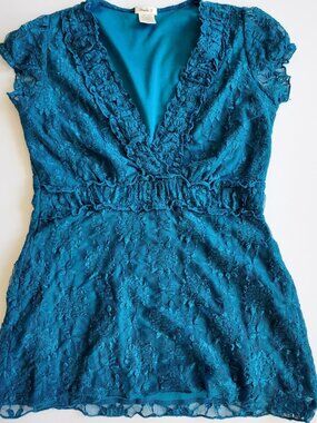 VTG y2k babydoll top lace turquoise by studio Y size S vintage 2000s officesiren